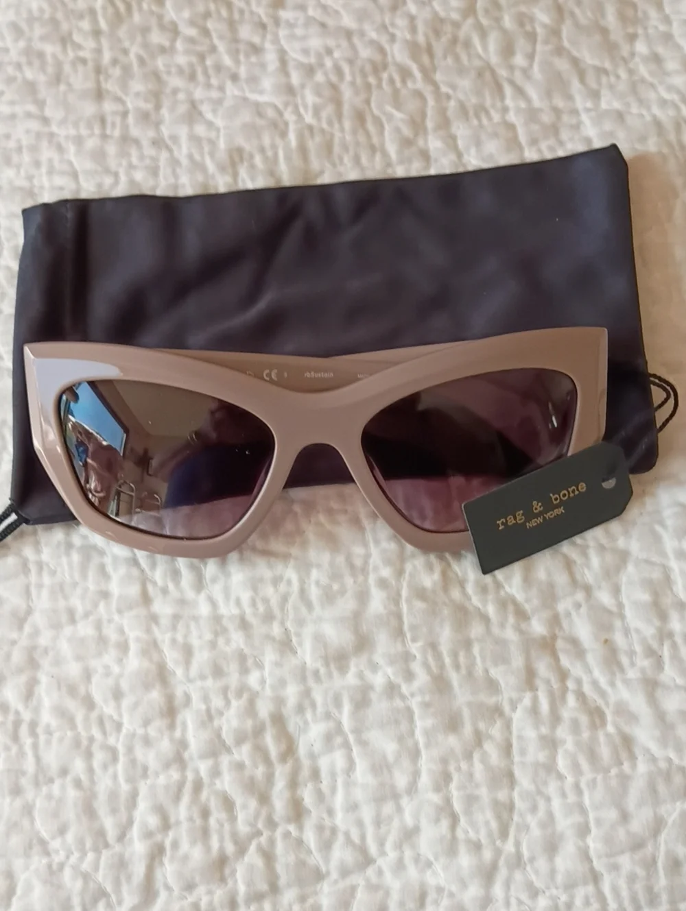 RAG & BONE Pale Taupe Cat-Eye Sunglasses, Case, Fabric Pouch, Paperwork, NWT